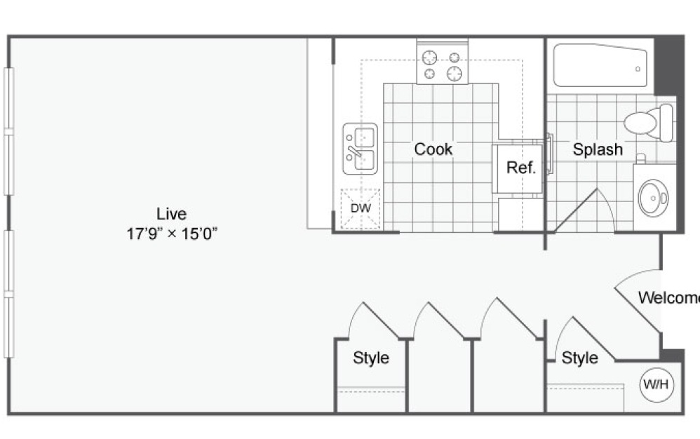 S62 - Studio floorplan layout with 1 bathroom and 634 square feet