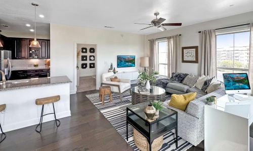 a living room with a large living room